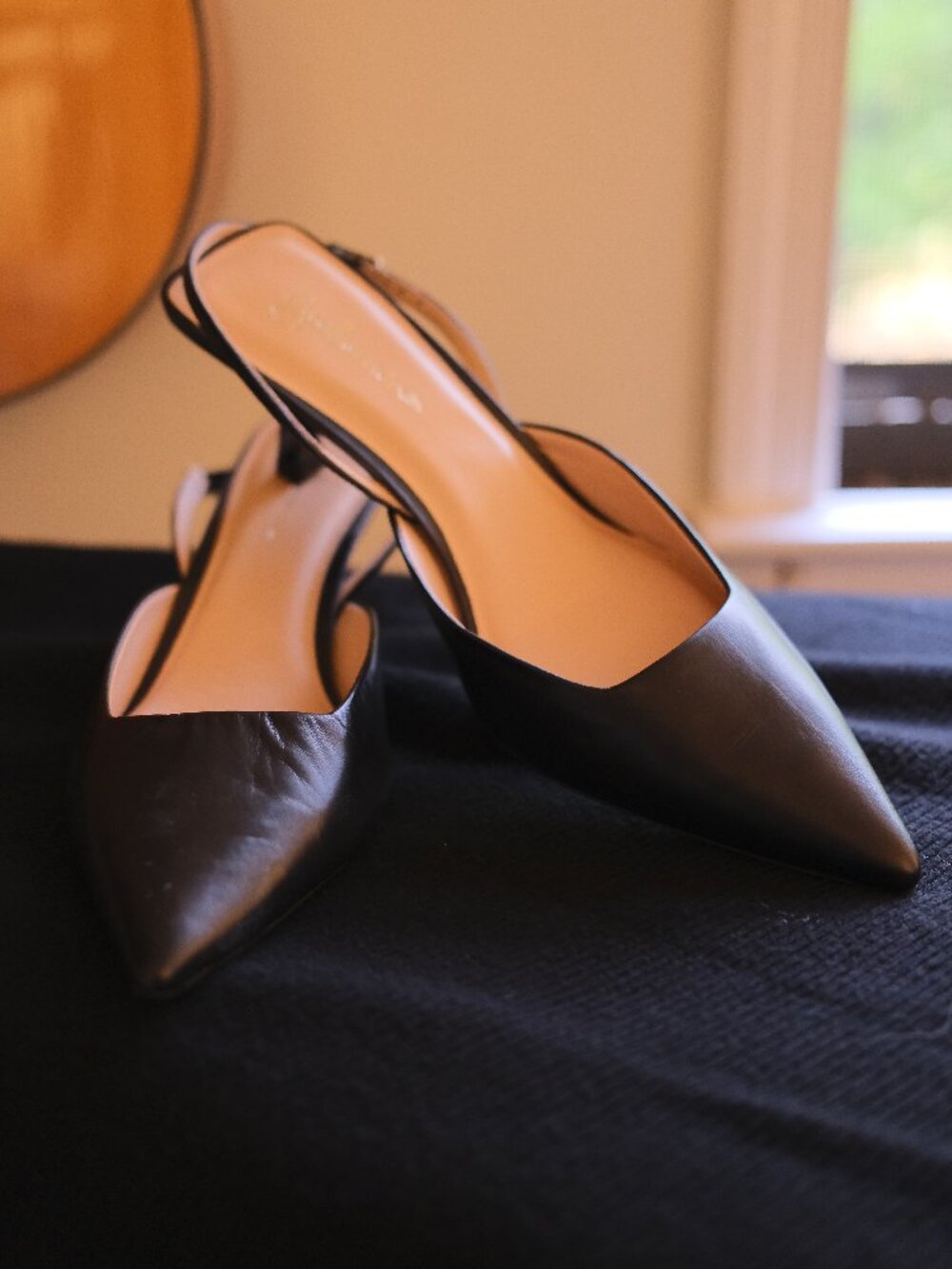 Guilhermina Black Leather Slingback Kitten Heels Pointed Toe Size 38 / US 7
